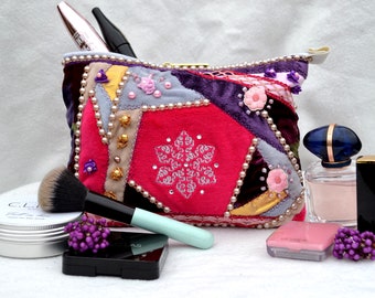 Handmade Patchwork Makeup Bag: Embroidered Snowflake, Pearls & Beads