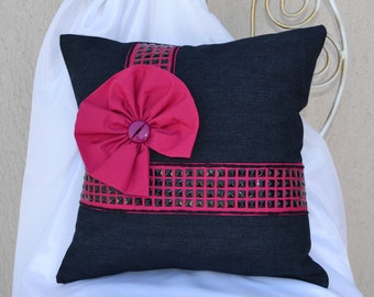 Chic designer outdoor dark blue pillow with large red bow and sequins Decorated scatter cushion Chunky lounge cushion