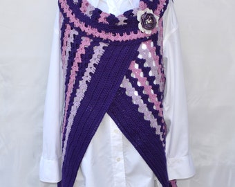 Spring purple crochet cotton oversized wrap cardigan with flower brooch All season womens loose cardigan Long lace maxi Boho cardigan