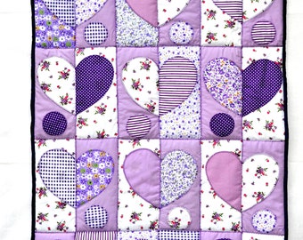 Hearts Quilted Wall Hanging: Purple Patchwork Fabric Art Tapestry