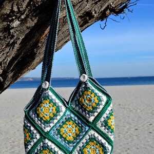 Cute green white yellow granny square crochet shoulder tote handbag for women in Boho style image 5