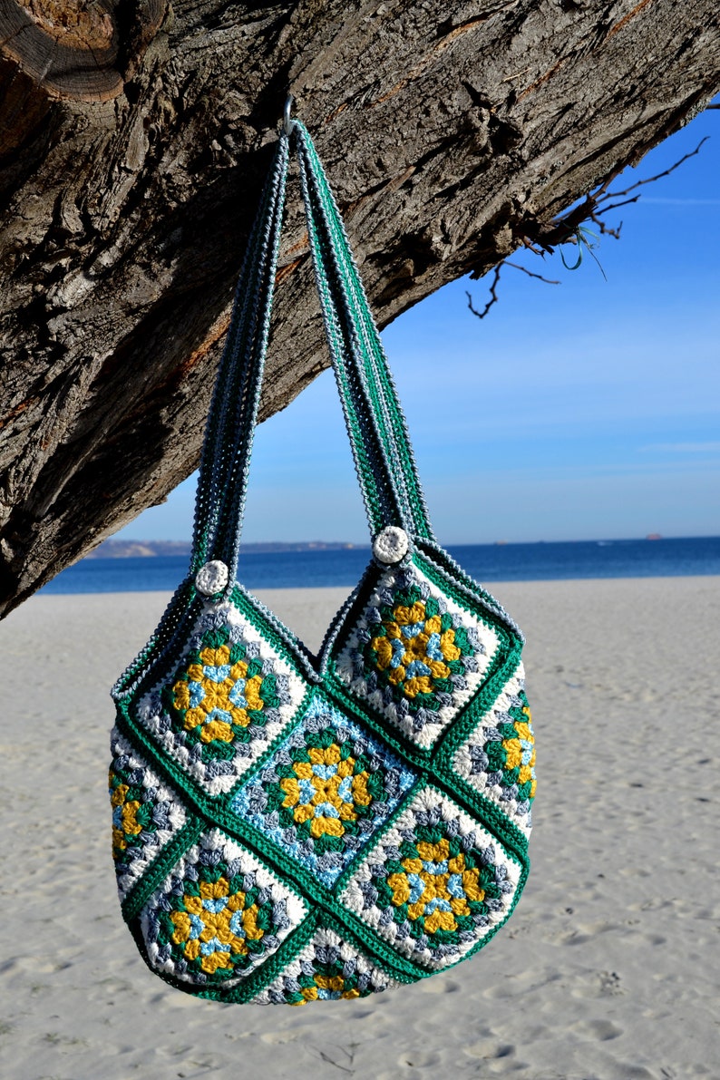 Cute green white yellow granny square crochet shoulder tote handbag for women in Boho style image 5