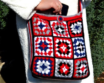 Borsa tote all'uncinetto con motivo quadrato della nonna colorato: borsa a tracolla boho