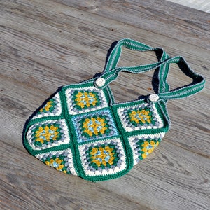 Cute green white yellow granny square crochet shoulder tote handbag for women in Boho style image 6