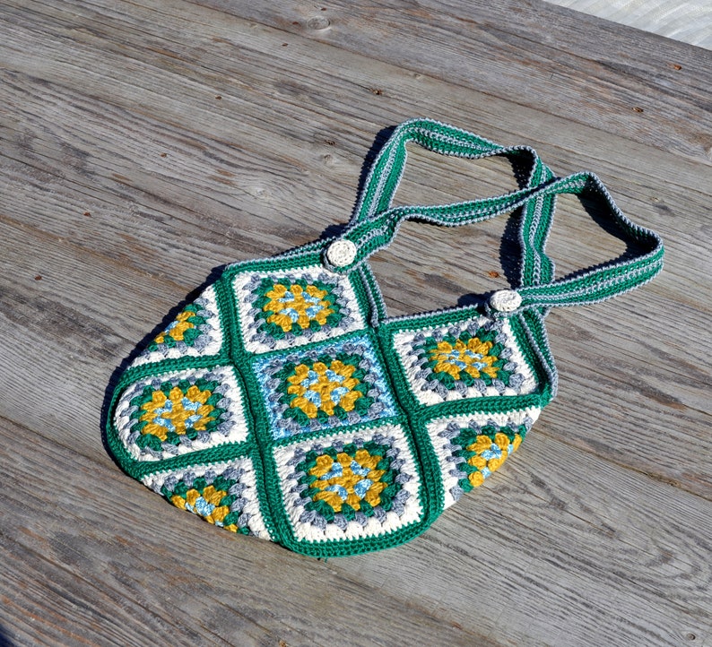 Cute green white yellow granny square crochet shoulder tote handbag for women in Boho style image 6