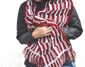 Écharpe surdimensionnée en dentelle rouge blanc gris au crochet printanier Pull moderne en laine chaude longue et grande écharpe châle
