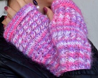 Spring pink half fingerless gauntlet mittens for women Warm hand patterned arm warmers Eco crochet warmer wrists