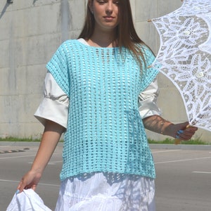 Womens summer fashion light green cotton crochet plus size loose long fishnet tunic top blouse with short sleeve in Boho style