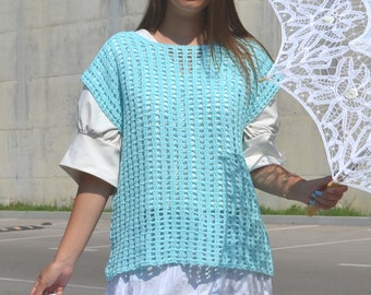 Top a tunica oversize estivo da donna in cotone: blusa ampia in pizzo verde chiaro