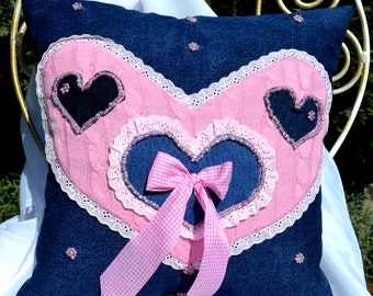 Chunky outdoor denim pillow cushion with pink blue hearts lace and bow for love ones Woven designer pillow for lover
