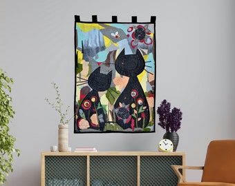 Arazzo con coppia di gatti: arazzo da parete in cotone patchwork, regalo per gli amanti dei gatti