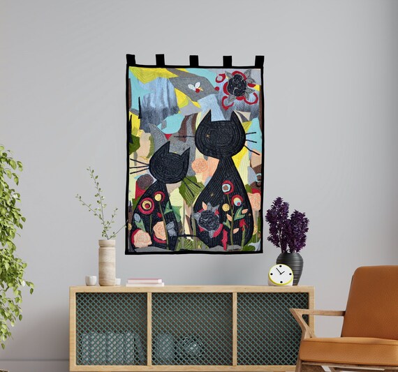 Couple of Cats Tapestry: Patchwork Cotton Wall Hanging, Cat Lovers Gift