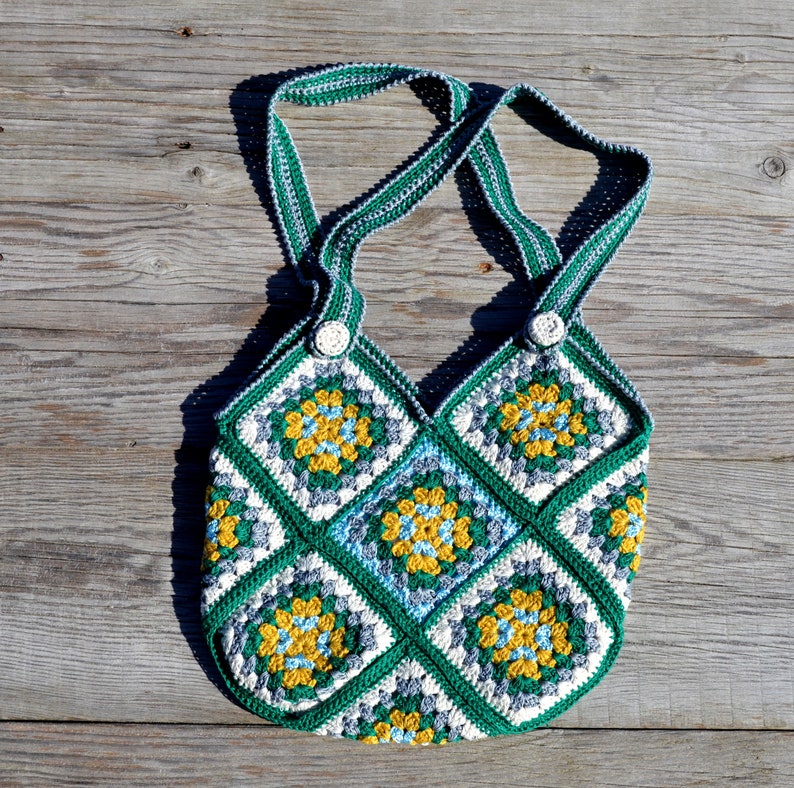 Cute green white yellow granny square crochet shoulder tote handbag for women in Boho style image 4