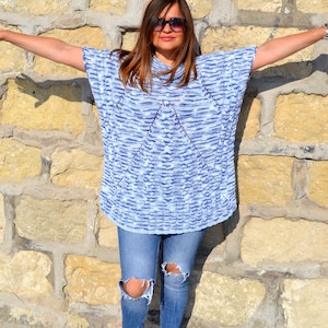 Trendy womens summer blue loose plus size long tunic top with short sleeve Romantic cotton maxi loose blouse Fashion oversized tunic top