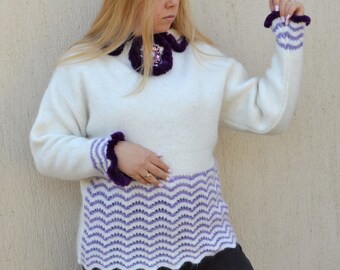 Spring white purple hand knit alpaca womens sweater with artificial fur and brooch Cute trendy long chunky loose warm fluffy wool sweater