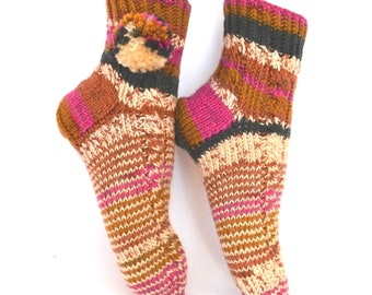 Cute beige long adult fuzzy organic camel wool socks with pom pom Funny warmer fluffy ankle socks Designer patterned stretchy winter socks