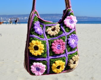 Borsa tote all'uncinetto Grandma Square: borsa a tracolla con motivo floreale boho