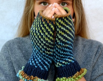 Spring blue black half fingerless gauntlet mittens for women Warm hand merino wool arm warmers for her Patterned crochet warmer wrists