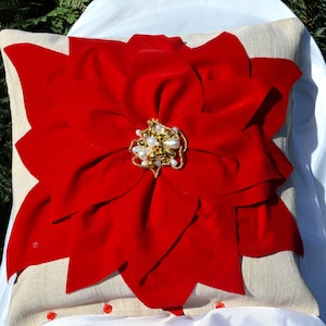 Christmas red Poinsettia flower linen pillow cover with pearls Designer woven burlap scatter cushion cover with large red flower