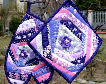 Crazy Patchwork Topflappen und Topflappen Set: Strass Blumen Dekor