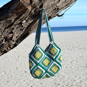 Cute green white yellow granny square crochet shoulder tote handbag for women in Boho style image 3