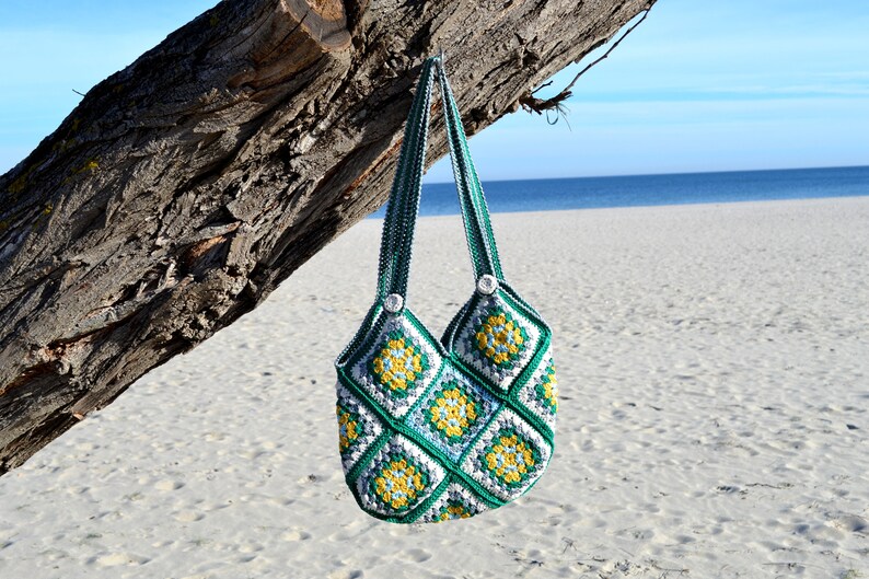 Cute green white yellow granny square crochet shoulder tote handbag for women in Boho style image 3