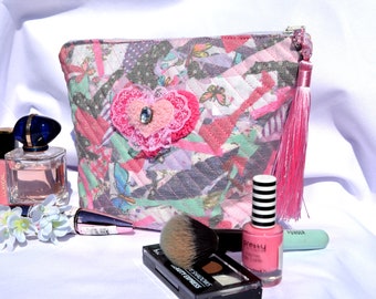 Handmade Patchwork Makeup Bag: Quilted Crystal Heart Travel Case