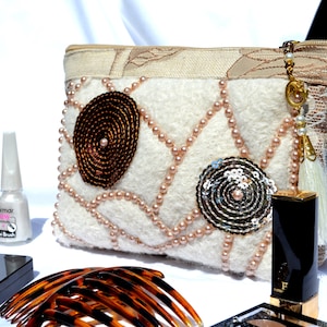 Large vanity makeup organizer pouch bag for women decorated beads sequins and tassel Cute beige travel vanity case bag