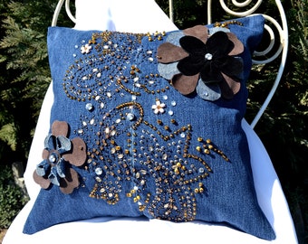 Chunky outdoor denim bench pillow cushion with rhinestone sequins flowers Chic designer blue window pillow cushion