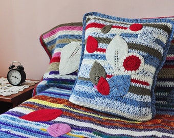 Crochet Wool Blanket: Queen Size Boho Throw with Leaf Appliqué