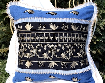 Designer high end chunky outdoor pillow cushion Blue black scatter bench cushion Denim lace frill cushion pillow