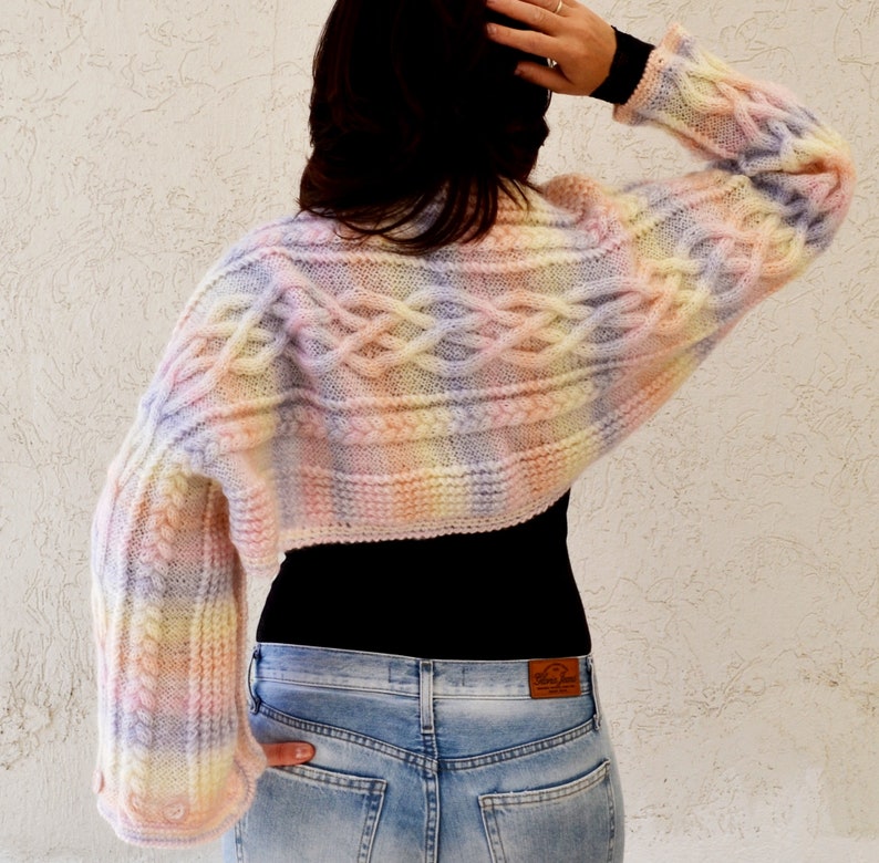 Womens wrap bolero shrug with 3 4 sleeve Shawl bolero wrap Pink white shrug wrap sweater Wrap cardigan bolero Knitted cardigan shrug