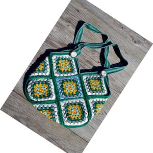 Cute green white yellow granny square crochet shoulder tote handbag for women in Boho style image 8