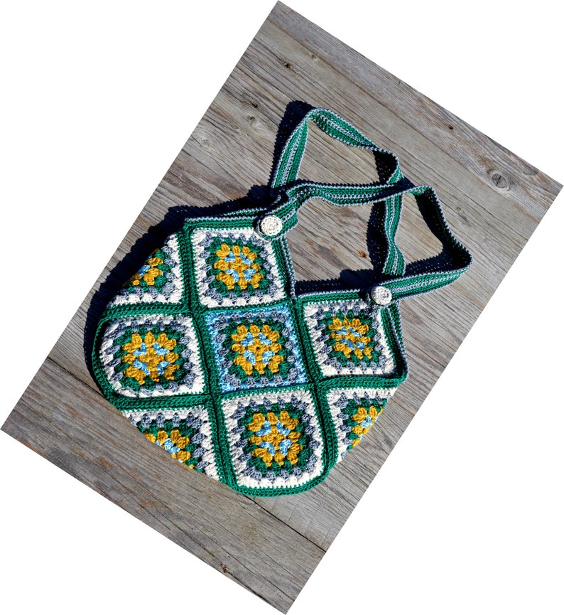 Cute green white yellow granny square crochet shoulder tote handbag for women in Boho style image 8