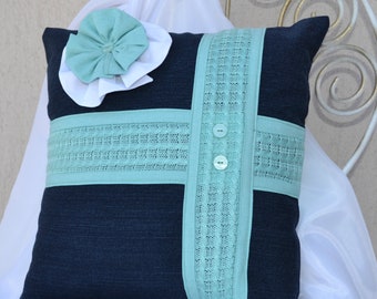Chic high end designer chunky patio pillow cushion with flower Blue aquamarine denim chair outdoor cushion pillow