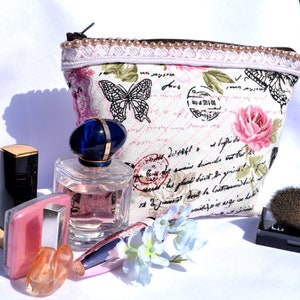Large vanity makeup organizer pouch bag for women decorated roses and letters White pink case with zipper and pockets