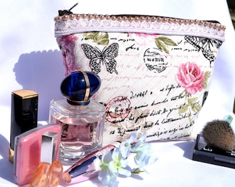 Borsa cosmetica floreale fatta a mano: grande organizer per il trucco con cerniera