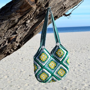 Cute green white yellow granny square crochet shoulder tote handbag for women in Boho style image 1