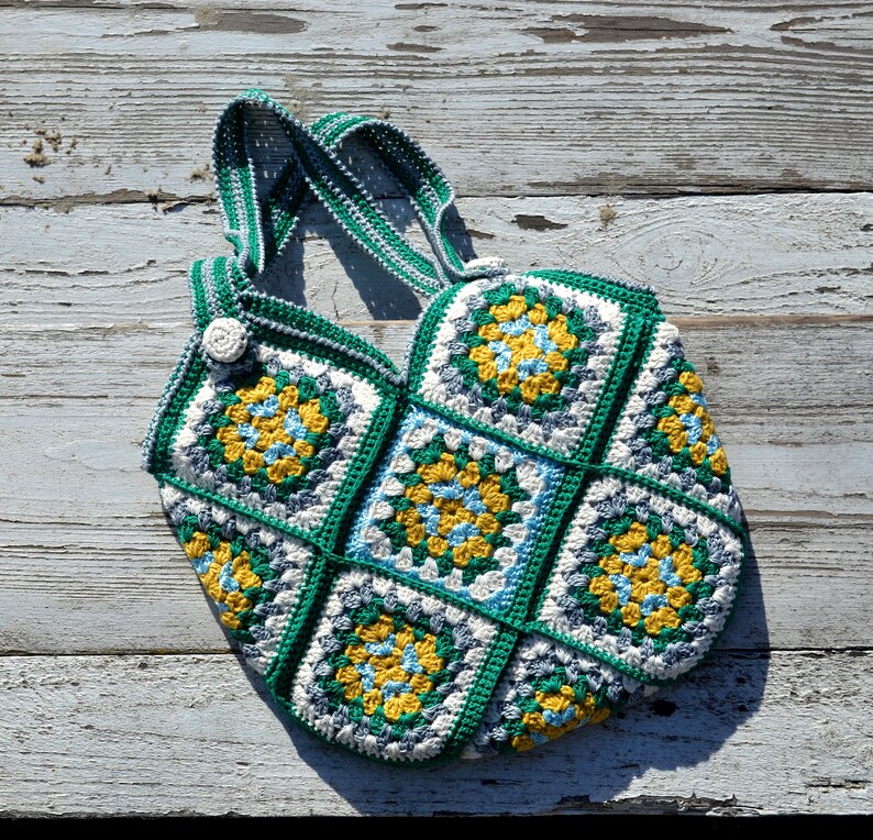 Cute green white yellow granny square crochet shoulder tote handbag for women in Boho style image 9