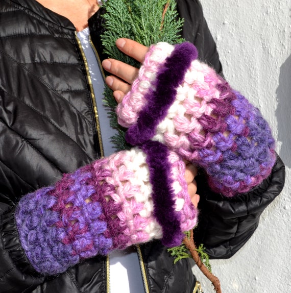 Black Faux Fur Fluffy Winter Warmer Fingerless Gloves Knitted Wool Mitten Vintag