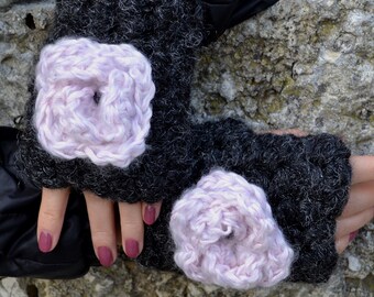 Black womens hand knit fingerless mittens for her with roses Spring warm hand texting cozy half arm warmers