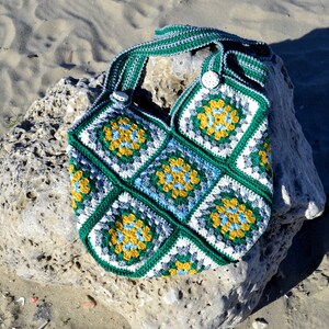 Cute green white yellow granny square crochet shoulder tote handbag for women in Boho style image 7