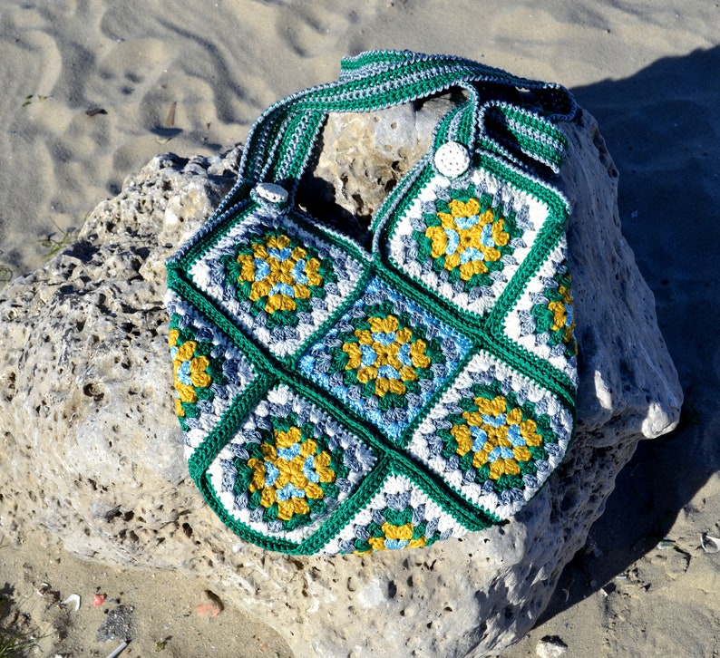 Cute green white yellow granny square crochet shoulder tote handbag for women in Boho style image 7