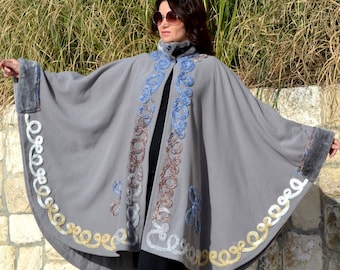 Spring designer grey long oversized cape coat Cute embroidered womens plus size cape coat Fashion embellished loose adult Boho cape coat