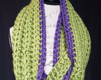 Wool Blend Green and Purple Crochet Circle Scarf