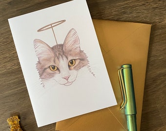 Cat with Halo Greeting Card Christmas Card Animal Illustration Blank Card for Any Occasion Pen Pal Snail Mail Stationary Birthday