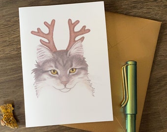 Cat in Antlers Greeting Card Christmas Card Animal Illustration Blank Card for Any Occasion Pen Pal Snail Mail Stationary Birthday