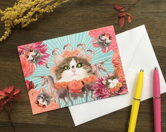 Fabulous Cat Flamingo Flower Greeting Card Animal Illustration Blank Card Any Occasion Stationary Snail Mail Birthday Friendship Good Luck