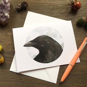 Raven cartão de visita, ilustração de pássaro, amigo, cartão em branco estacionário para qualquer ocasião, correio de caracol, aniversário, parabéns, boa sorte