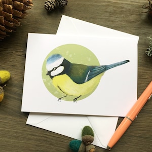 Blue Tit wenskaart vogel illustratie lege kaart voor elke gelegenheid verjaardag gefeliciteerd veel geluk pen pal stationaire vriendschap